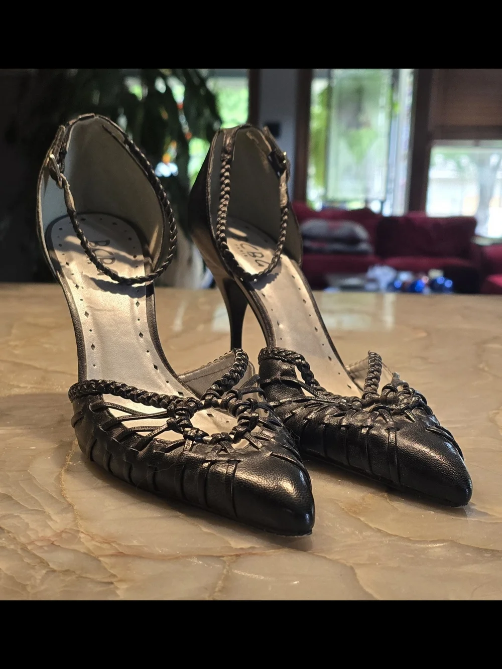 Sassy BCBG Women’s Black Braided Pointed Toe Heels With Ankle Strap, 9M*